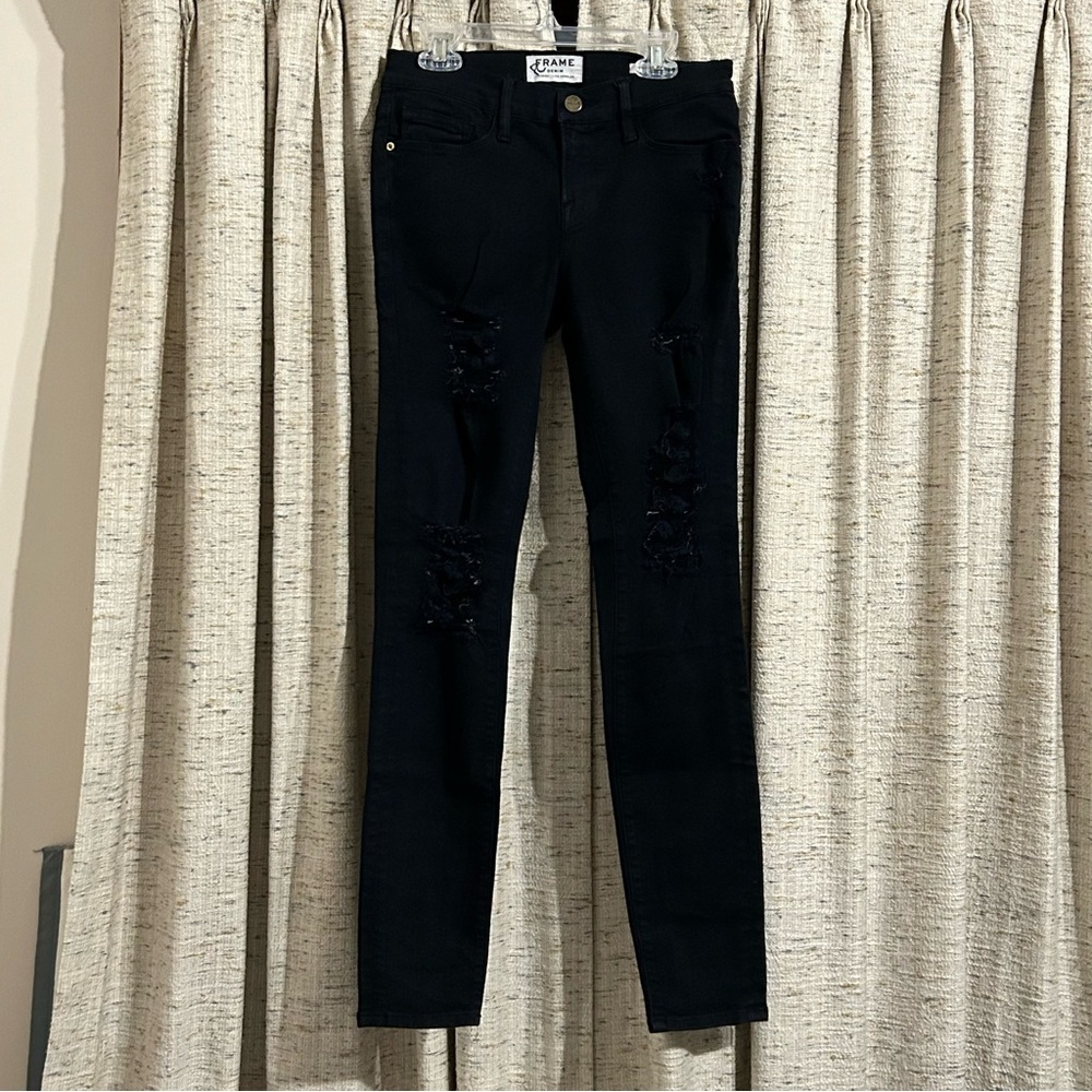 FRAME Denim Le Skinny de Jeanne Black Ripped Jeans